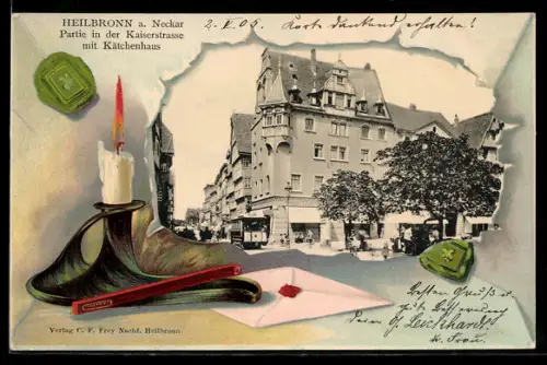 AK Heilbronn a. Neckar, Kaiserstrasse mit Kätchenhaus, Kerze und Brief mit Siegel, Passepartout