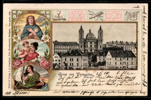 Passepartout-Lithographie Weingarten, Ortsansicht mit Kirche, Allegorie für Glaube, Liebe, Hoffnung