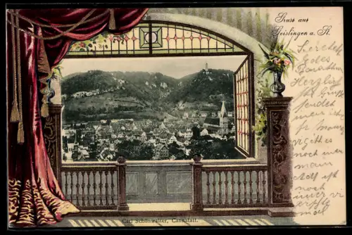 Passepartout-Lithographie Geislingen a. St., Ausblick auf die Stadt aus einem Zimmer heraus