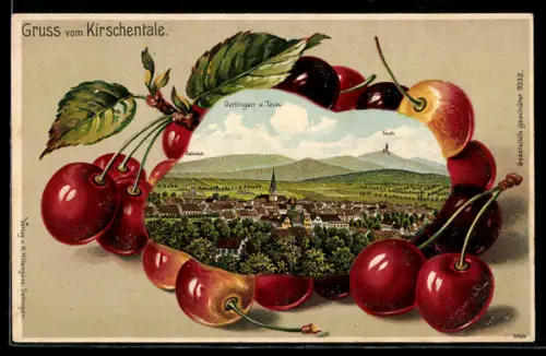 Passepartout-Lithographie Dettingen, Bahnhof mit Ortsansicht und Blick zum Teck, Kirschen