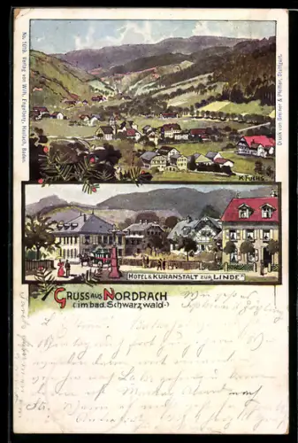 Lithographie Nordrach / bad. Schwarzwald, Hotel zur Linde, Ortspanorama
