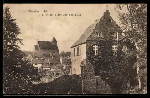 AK Penzlin, Blick auf Stadt & alte Burg