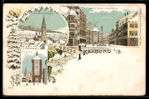 Winter-Lithographie Freiburg, Schwabentor, Kaiserstrasse und Martinstor, Münster mit Schlossberg
