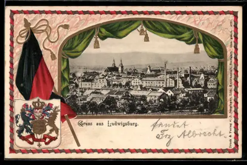 Passepartout-Lithographie Ludwigsburg, Gesamtansicht aus der Vogelschau mit Wappen und Fahne