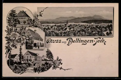 Künstler-AK Dettingen-Teck, Teilansicht, Ortspartie, Gebäudeansicht