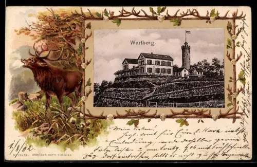 Passepartout-Lithographie Heilbronn, Gasthof Wartberg, Blick zum Turm, Passepartout mit Hirsch