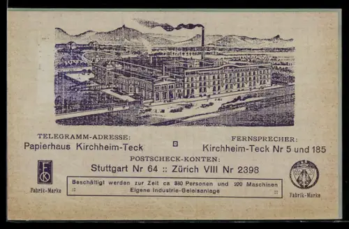 AK Kirchheim-Teck /Württemberg, Papierhaus Otto Ficker, Blick auf die Fabrikanlage