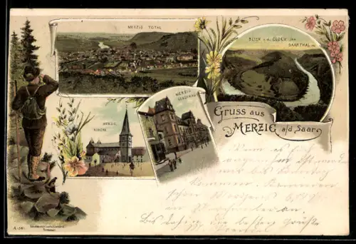 Lithographie Merzig, Stadthaus, Kirche, Blick von der Cloev ins Saarthal, Bergsteiger blickt auf den Ort