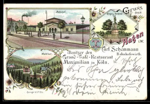 Lithographie Hagen, Bahnhof, Kriegerdenkmal und Waldlust