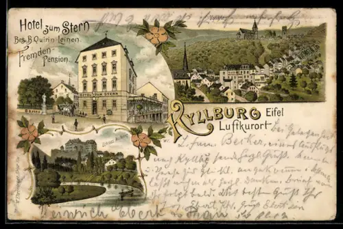 Lithographie Kyllburg /Eifel, Hotel zum Stern, Bes. B. Quirin-Leinen, Schloss Malberg