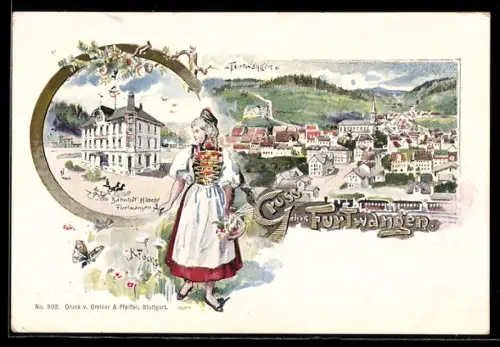 Künstler-Lithographie K. Fuchs: Furtwangen, Bahnhof-Hotel Furtwangen mit Frau in Tracht
