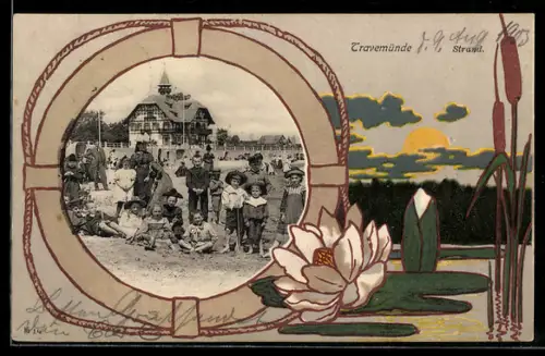 Grusskarten-AK Travemünde, spielende Kinder am Strand