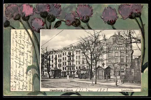 Passepartout-Lithographie Hamburg-Hamm, Strassenpartie Landwehr, Strassenbahn, Kornblumen