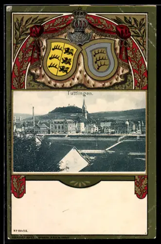 Passepartout-Lithographie Tuttlingen, Teilansicht mit Kirche und Wappen