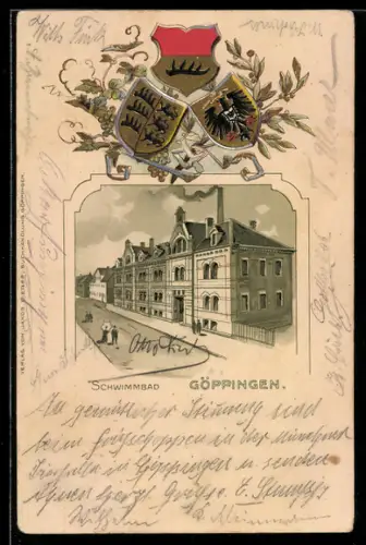 Passepartout-Lithographie Göppingen, Ansicht vom Schwimmbad Göppingen, Wappen