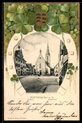 Passepartout-Lithographie Rottenburg a. N., Ortspartie mit Rathaus und Domkirche, Wappen