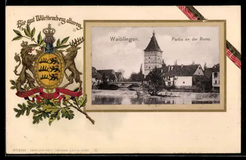 Passepartout-Lithographie Waiblingen, Partie an der Rems, Württemberg, Wappen Württemberg