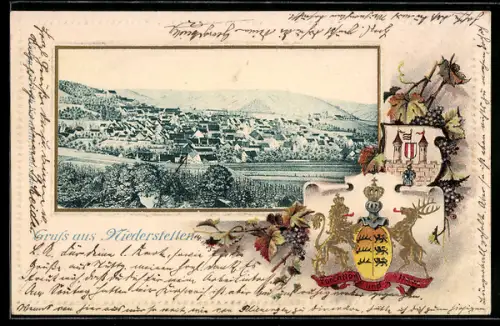 Passepartout-Lithographie Niederstetten, Ortsansicht gegen die Anhöhen, Wappen