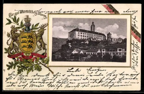 Passepartout-Lithographie Gundelsheim, Ortsansicht mit Schloss, Wappen Württemberg