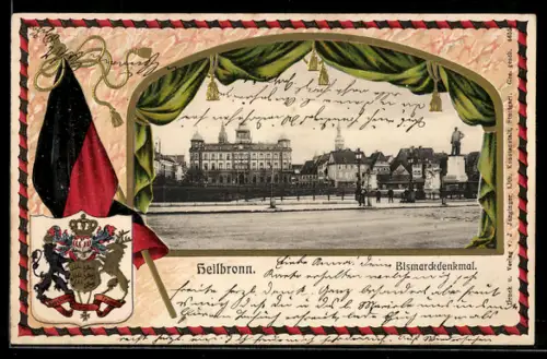 Passepartout-Lithographie Heilbronn, Ortspartie mit Bidsmarckdenkmal, schwarz-rote Fahne, Wappen