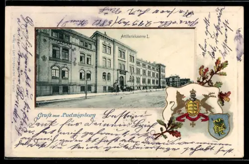 Passepartout-Lithographie Ludwigsburg, Strassenpartie mit Artilleriekaserne I, Wappen