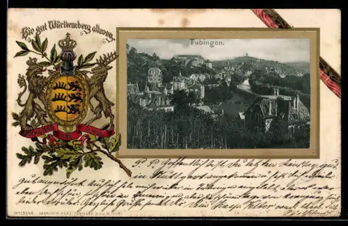 Passepartout-Lithographie Tübingen, Ortsansicht vom Berghang aus, Wappen Württemberg