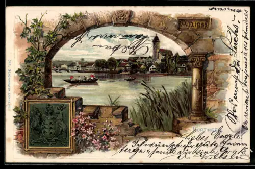 Passepartout-Lithographie Nürtingen, Teilansicht der Stadt Anno 1852, Wappen, Ruderboote