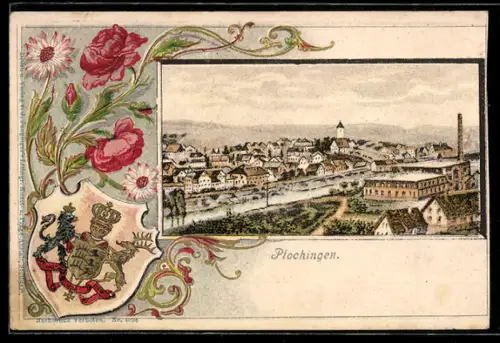 Passepartout-Lithographie Plochingen, Teilansicht der Stadt, Wappen und Blumen