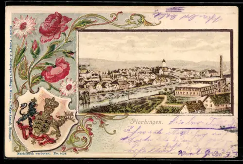 Passepartout-Lithographie Plochingen, Teilansicht der Stadt, Wappen und Blumen