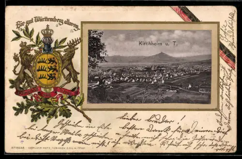 Passepartout-Lithographie Kirchheim u. T., Ortsansicht mit umliegenden Feldern, Wappen Württemberg