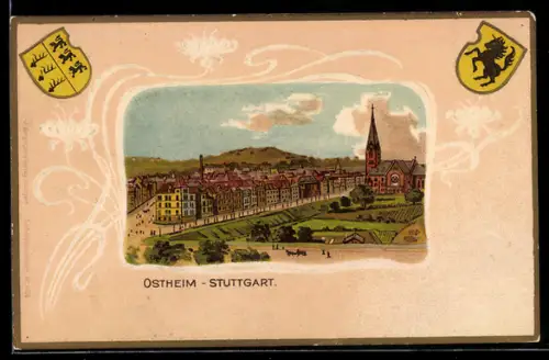 Passepartout-Lithographie Stuttgart-Ostheim, Blick über den Ort, Wappen