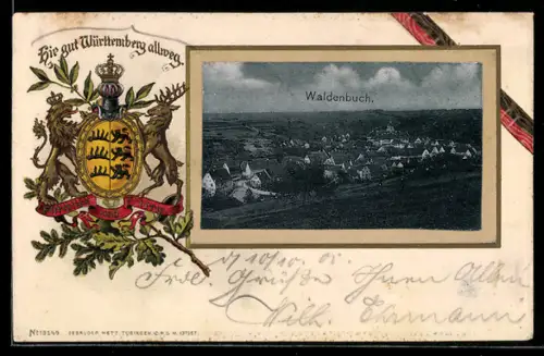 Passepartout-Lithographie Waldenbuch, Ortsansicht vom Berghang aus, Wappen Württemberg