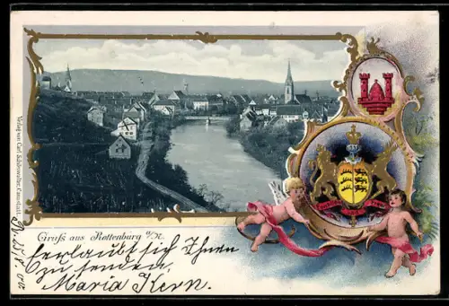 Passepartout-Lithographie Rottenburg a. N., Ortspanorama und Ortswappen