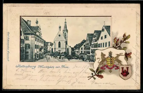 Passepartout-Lithographie Rottenburg, Marktplatz mit Dom, Wappen