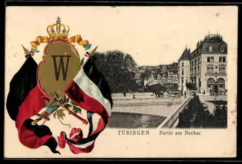 Passepartout-Lithographie Tübingen, Partie am Neckar, Flaggen Kgr. Württemberg und Deutschland