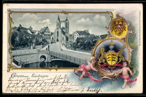 Passepartout-Lithographie Esslingen, Blick von der Brücke zur Kirche, Wappen