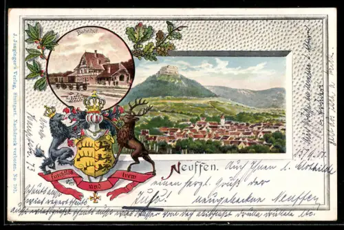 Passepartout-Lithographie Neuffen, Bahnhof, Ortspanorama, Wappen