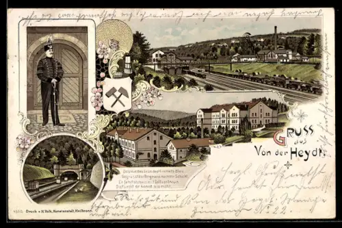Lithographie Saarbrücken, Grube Von der Heydt mit Bahnbrücke und Tunnel, Gebäude, Bergmann