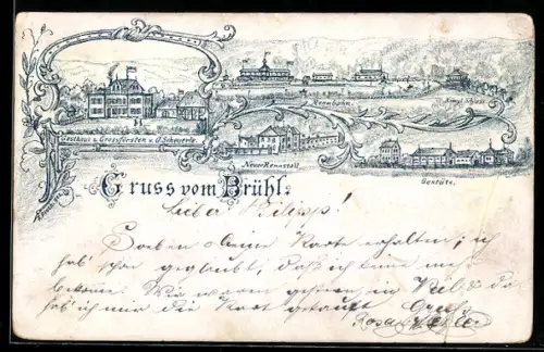 Lithographie Esslingen, Rennbahn & Gestühl Brühl, Gasthaus zum Grossfürsten O. Scheuerle