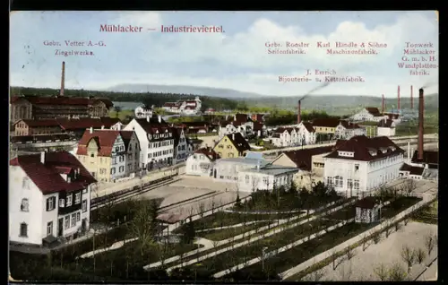 AK Mühlacker, Industrieviertel mit Ziegelwerken Gebr. Vetter AG u. Seifenfabrik Gebr. Roesler