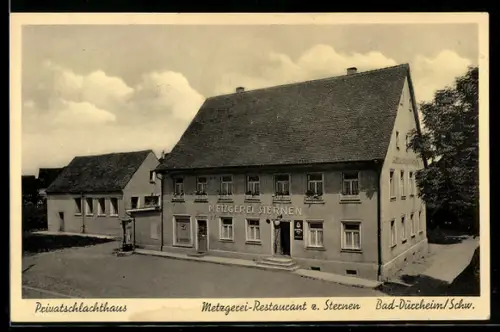 AK Bad Dürkheim /Schw., Metzgerei-Restaurant z. Sternen S. Messmer mit Privatschlachthaus, Ansicht von oben
