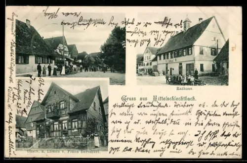 AK Mittelschlechtbach, Gasth. z. Löwen von Franz Bertanzel, Strassenbild, Rathaus