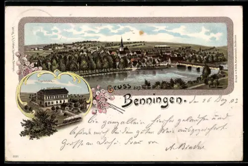 Lithographie Benningen / Neckar, Ortsansicht mit Cigarrenfabrik