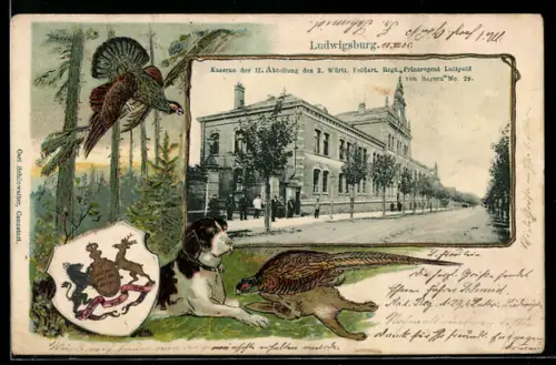 Passepartout-Lithographie Ludwigsburg / W., Kaserne II. Abt. des 2. Württ. Feldart Regt. Prinzregent Luitpold v. Bayern