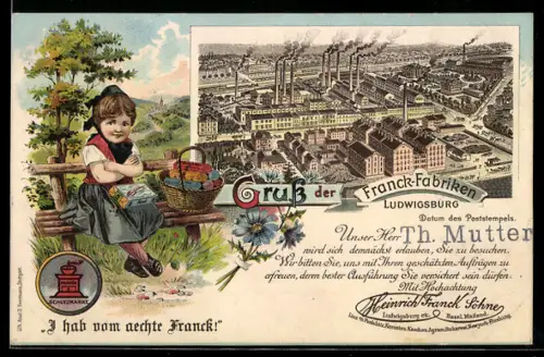 Lithographie Ludwigsburg, Franck-Fabriken, Mädchen mit Korb