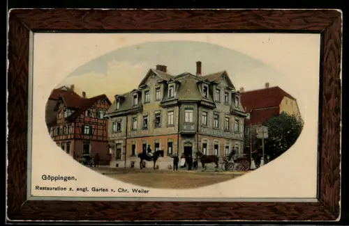 AK Göppingen, Gasthaus Restauration zum engl. Garten Chr. Weiler, im Rahmen