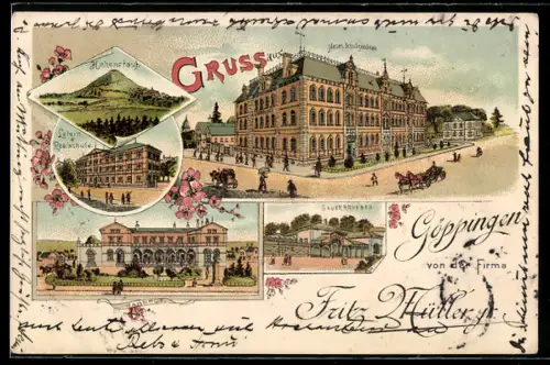 Lithographie Göppingen, Fritz Müller jr., Neues Schulgebäude, Hohenstauf, Sauerbrunnen