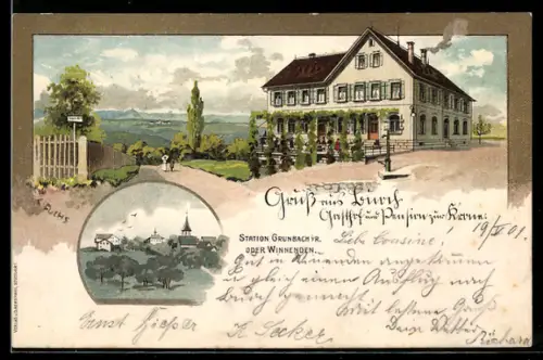 Lithographie Buoch, Gasthaus zur Krone, Ortsansicht