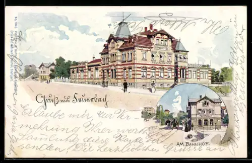 Lithographie Feuerbach / Württ., Restaurant und Bahnhotel, am Bahnhof