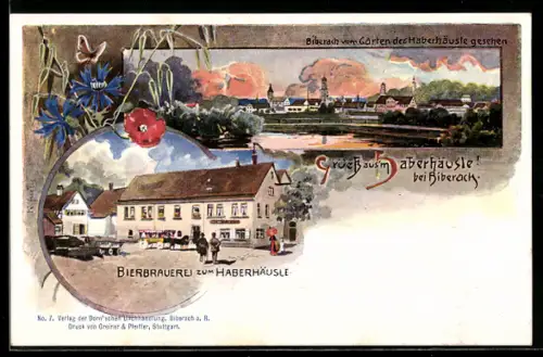 Künstler-AK Biberach, Gasthaus - Brauerei zum Haberhäusle, Ortsansicht
